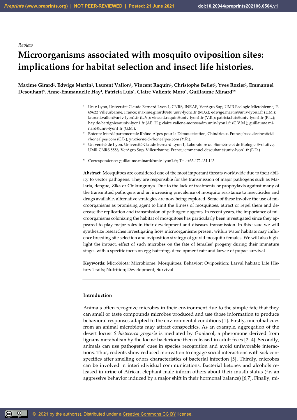 Microorganisms Associated with Mosquito Oviposition Sites: Implications for Habitat Selection and Insect Life Histories