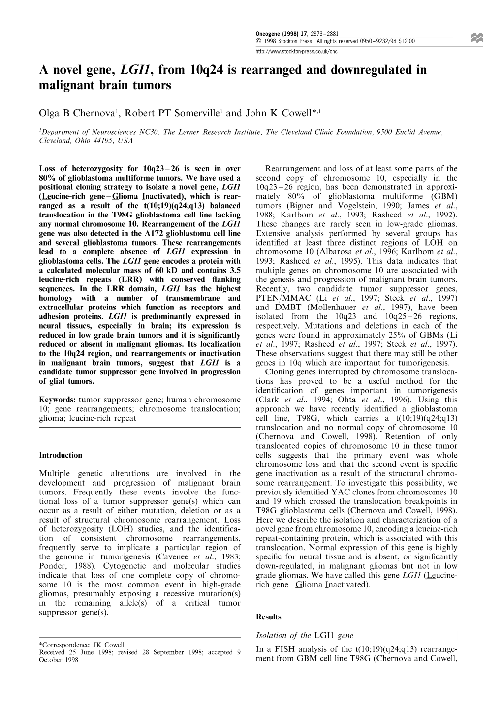 A Novel Gene, LGI1, from 10Q24 Is Rearranged and Downregulated in Malignant Brain Tumors