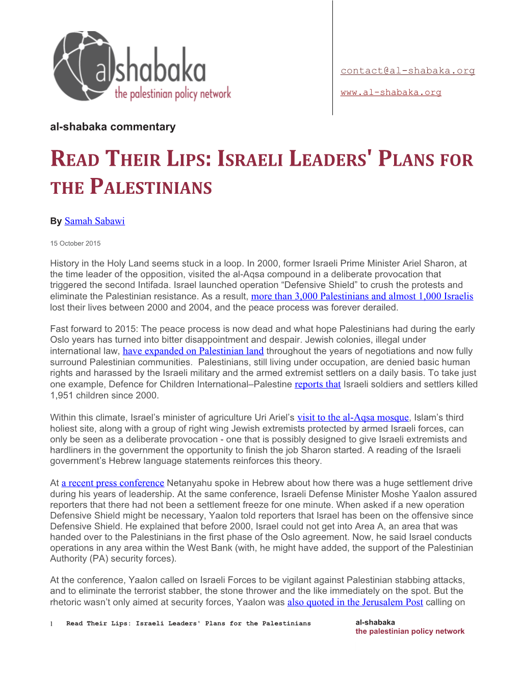 Israeli Leaders' Plans for the Palestinians