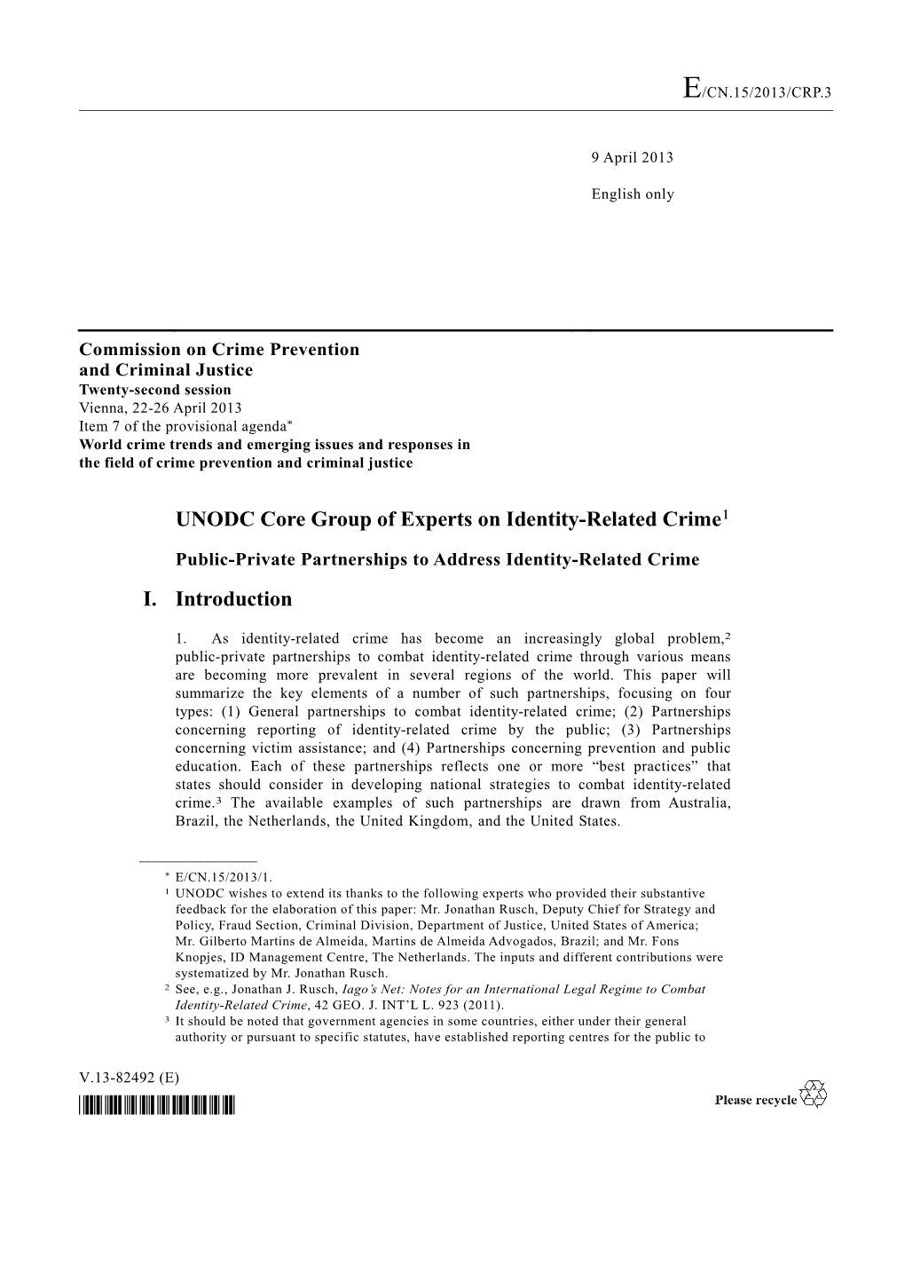 UNODC Core Group of Experts on Identity-Related Crime1 I. Introduction