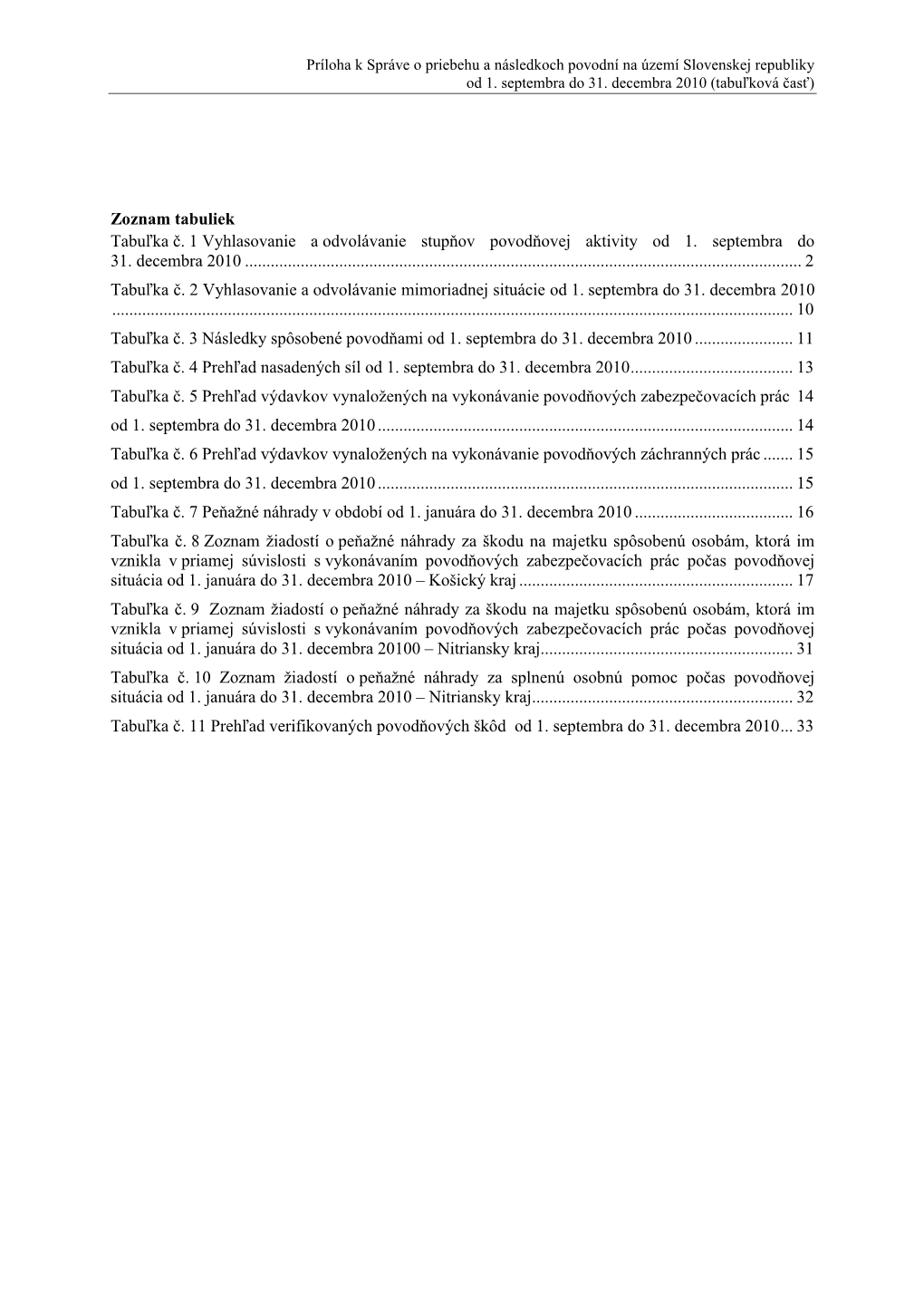 Zoznam Tabuliek Tabuľka Č. 1 Vyhlasovanie a Odvolávanie Stupňov Povodňovej Aktivity Od 1. Septembra Do 31. Decembra 2010