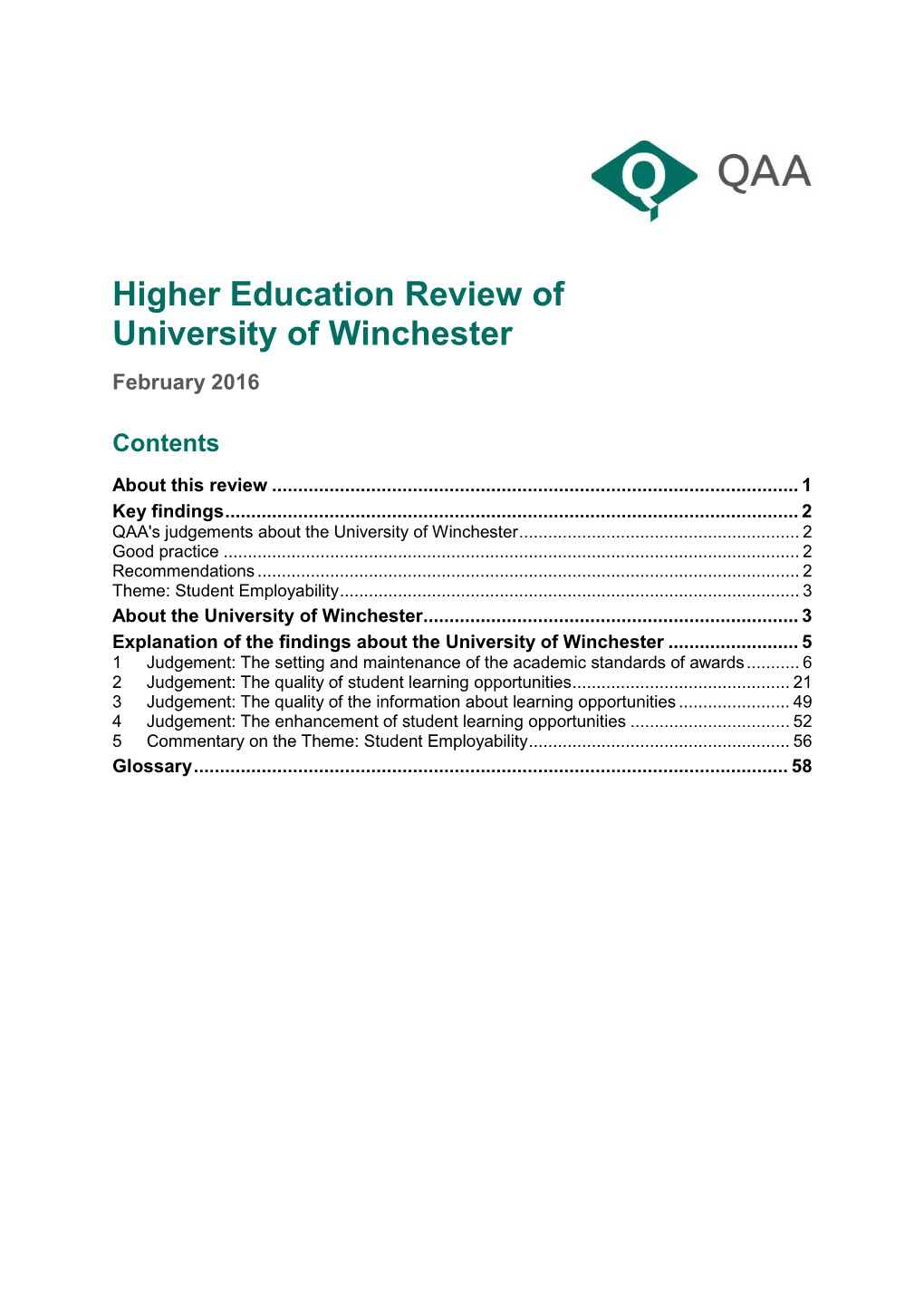 Higher Education Review: University of Winchester, February 2016