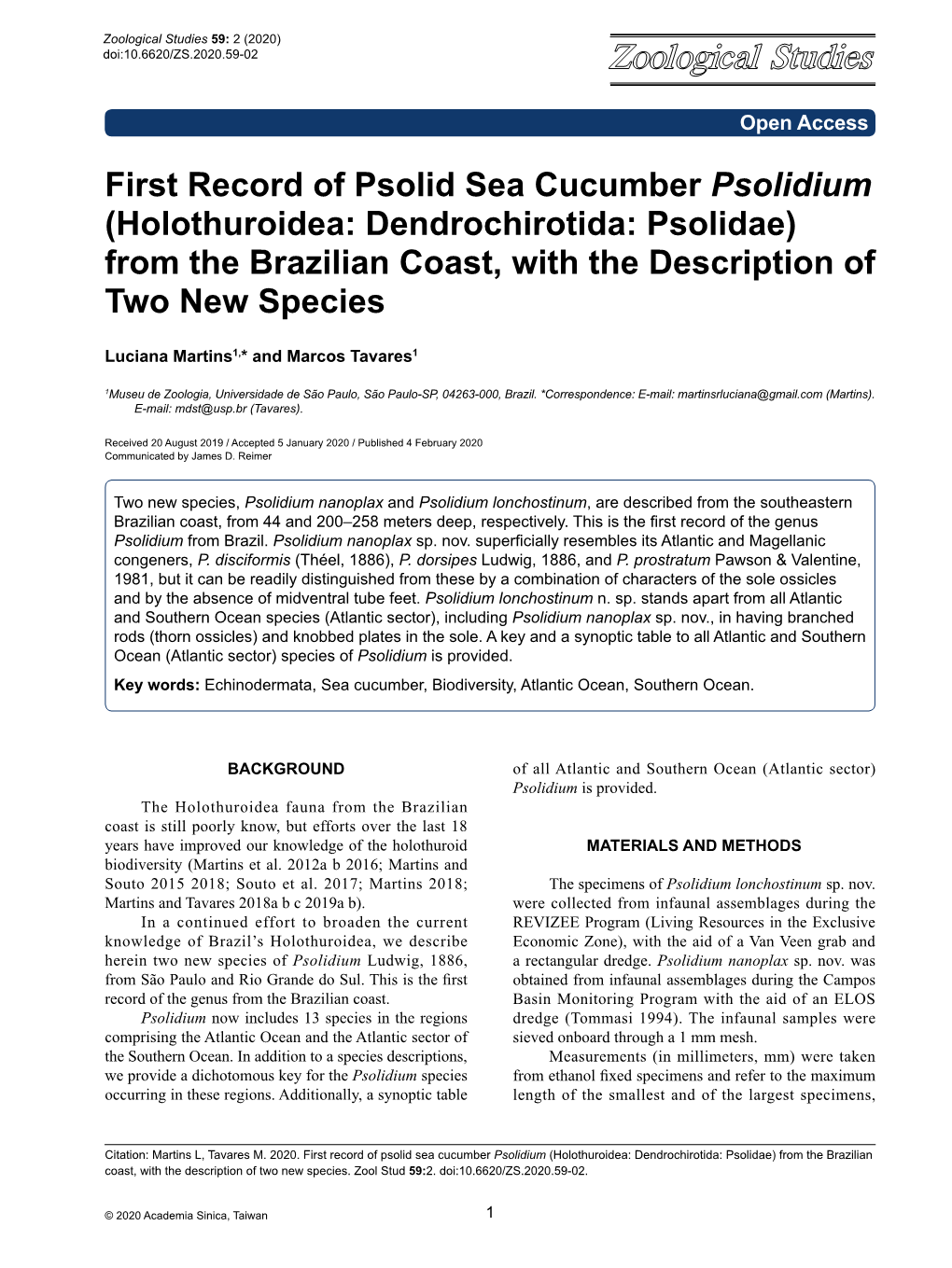 First Record of Psolid Sea Cucumber Psolidium (Holothuroidea: Dendrochirotida: Psolidae) from the Brazilian Coast, with the Description of Two New Species