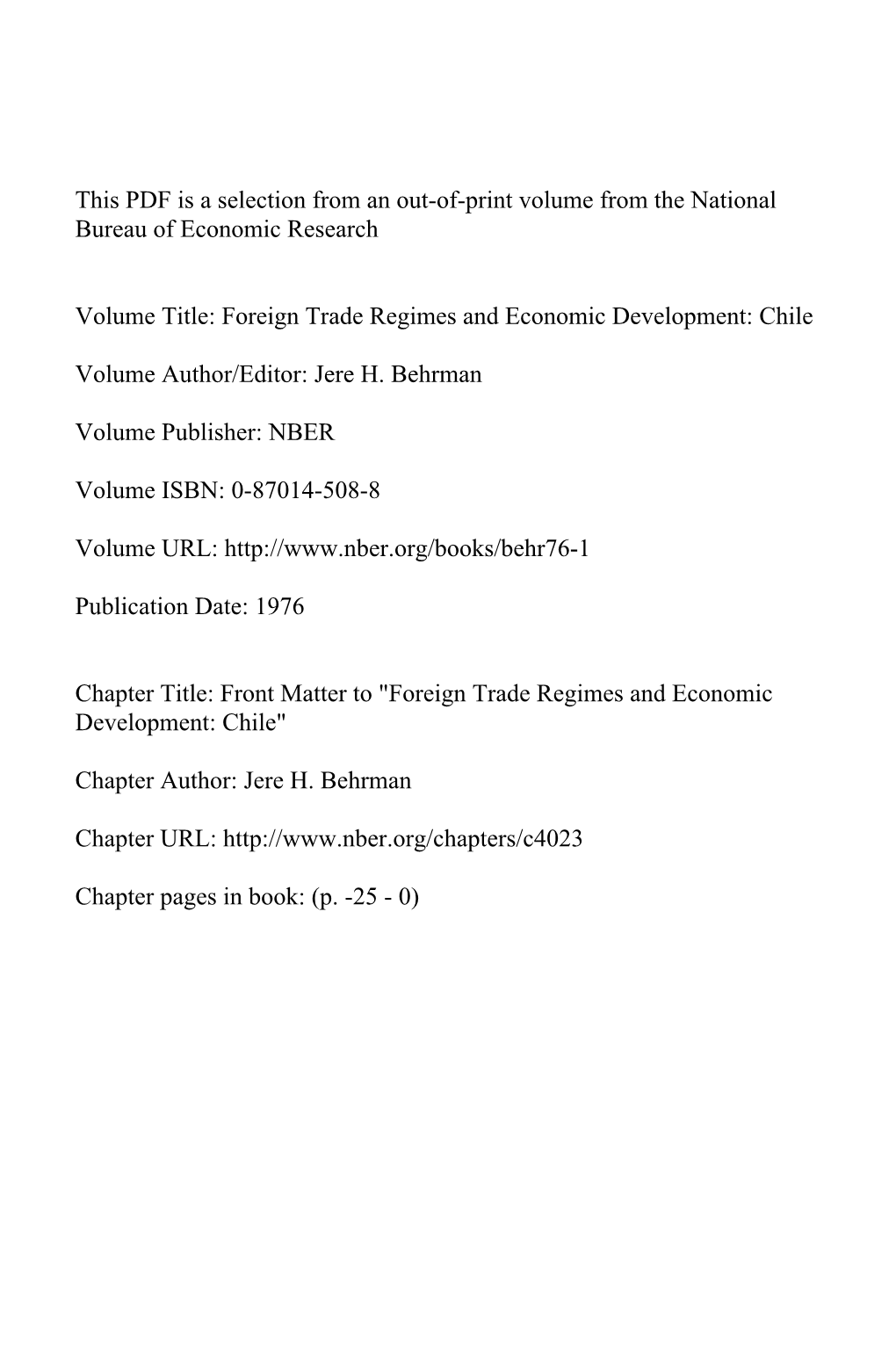 Front Matter To" Foreign Trade Regimes and Economic