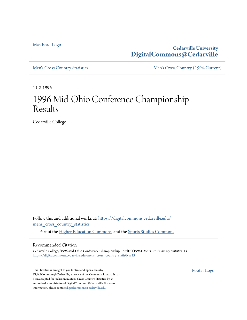 1996 Mid-Ohio Conference Championship Results Cedarville College
