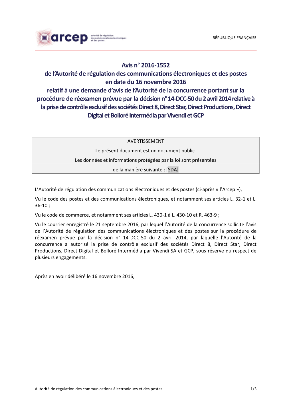 Avis N° 2016-1552 De L'arcep En Date Du 16 Novembre 2016 Relatif À Une