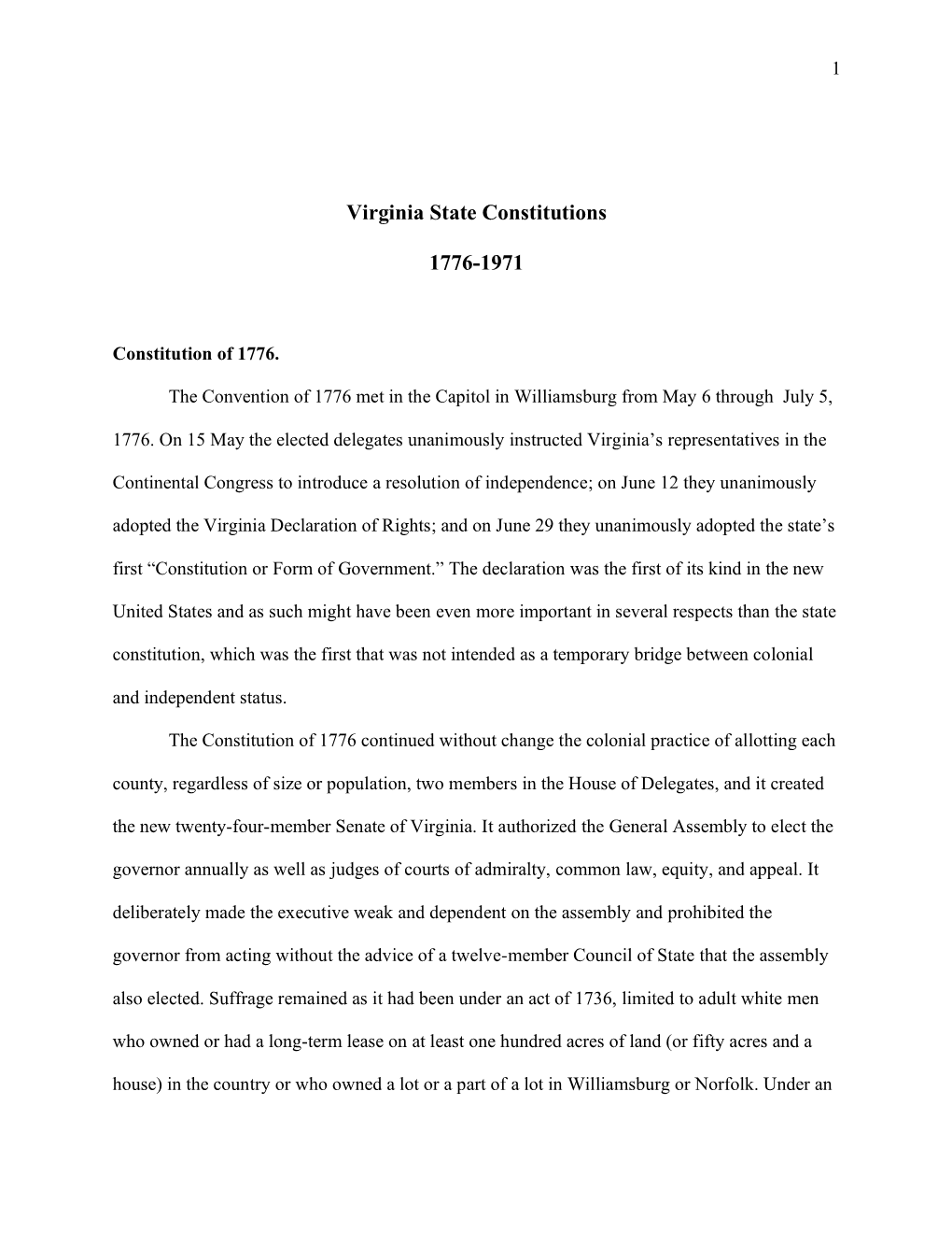 Virginia's Constitution History, 1776—1971
