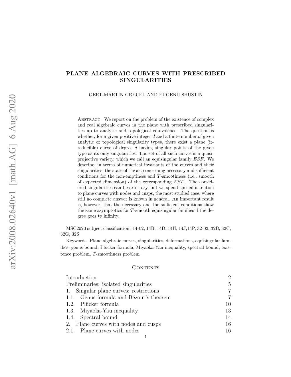 Arxiv:2008.02640V1 [Math.AG] 6 Aug 2020 Contents Introduction 2 Preliminaries: Isolated Singularities 5 1