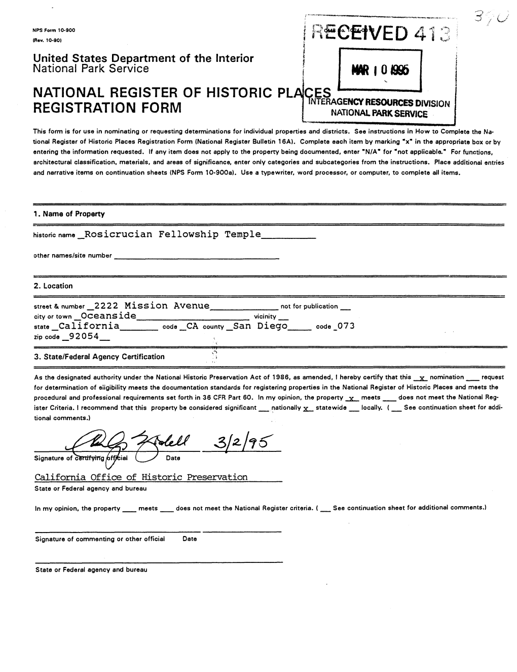 National Register of Historic Places Tnterac 5Ency Resources Division Registration Form ' Rnxwonal Park Service