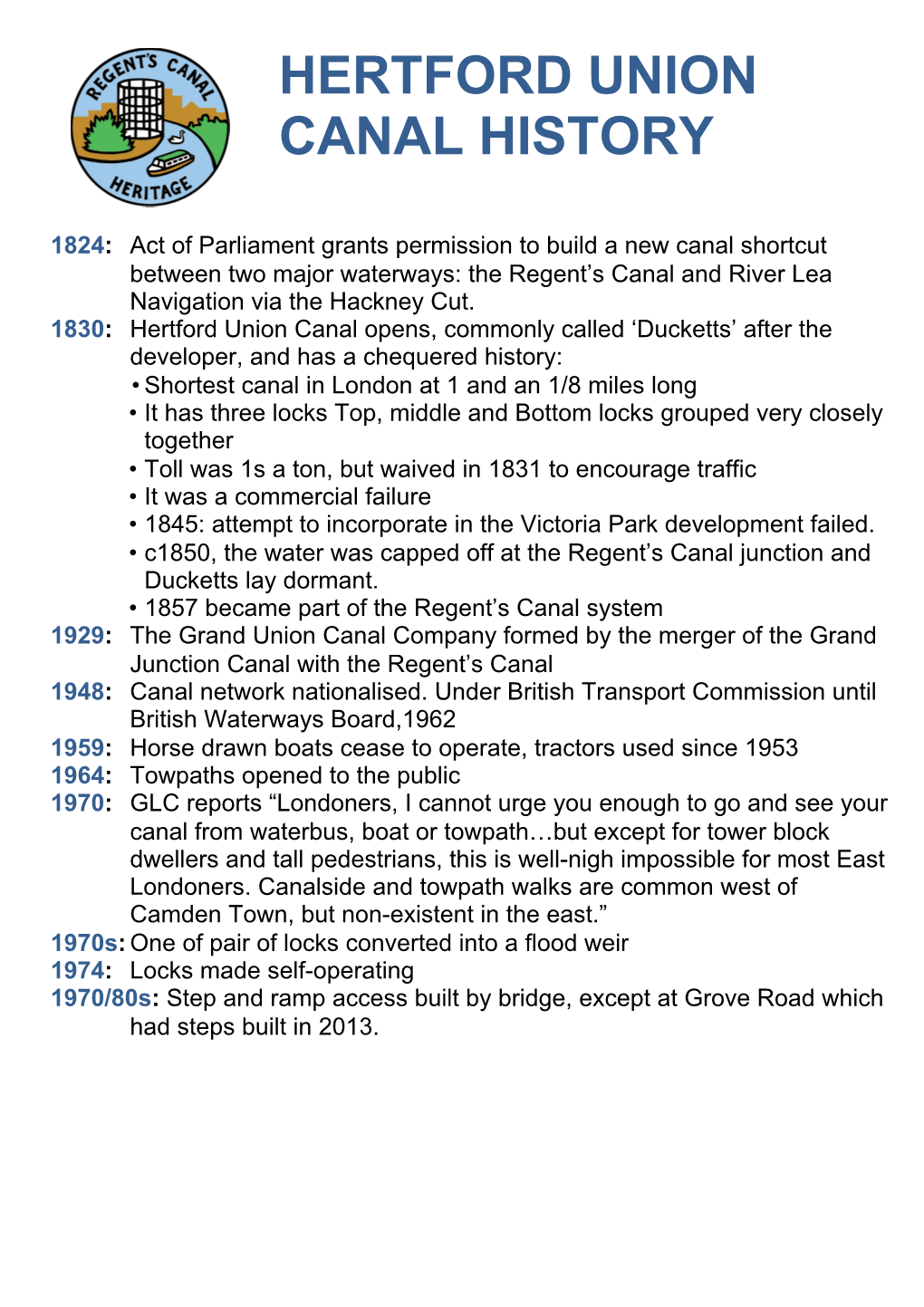 Hertford Union Canal Timeline