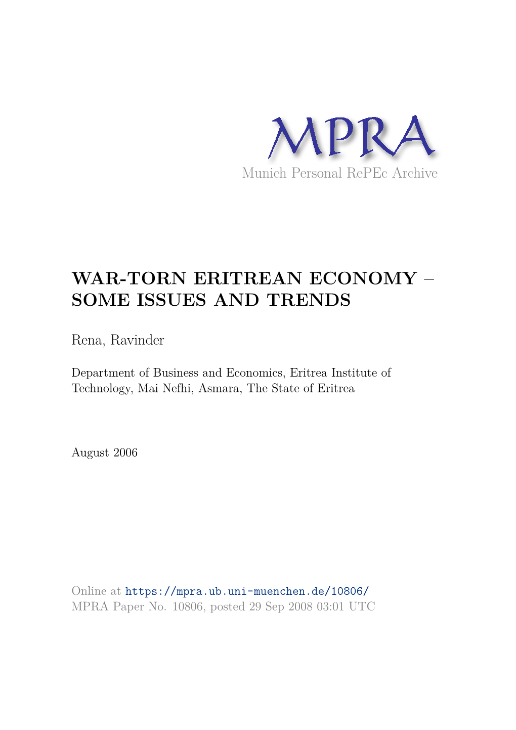 War-Torn Eritrean Economy – Some Issues and Trends