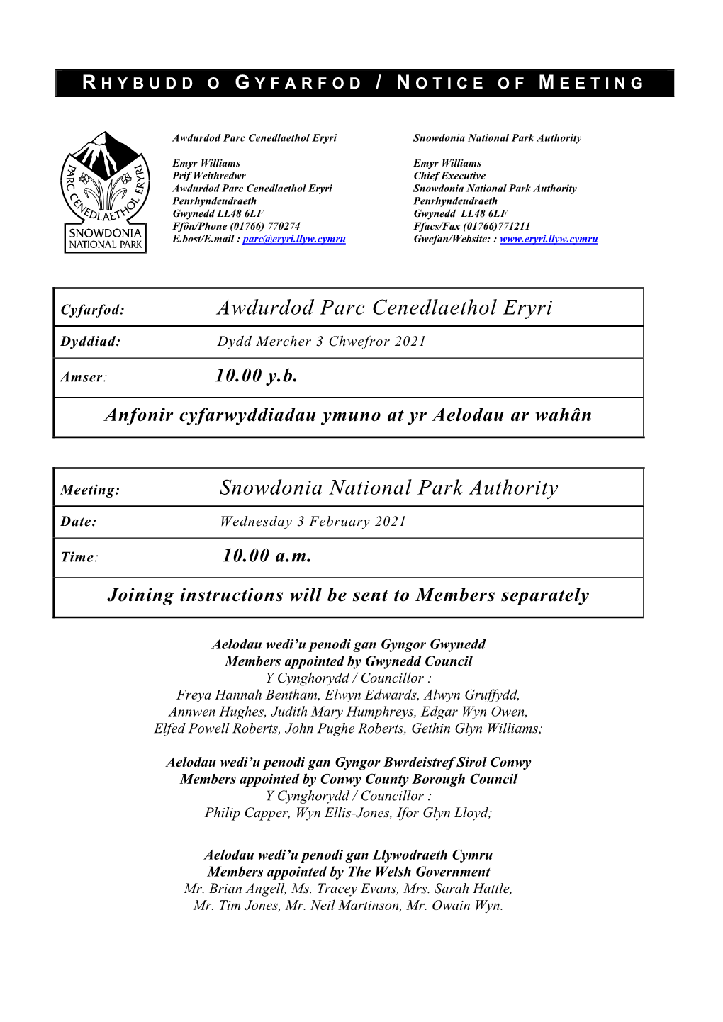 Awdurdod Parc Cenedlaethol Eryri Snowdonia National Park Authority