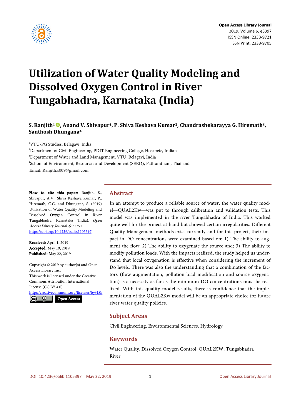 Utilization of Water Quality Modeling and Dissolved Oxygen Control in River Tungabhadra, Karnataka (India)