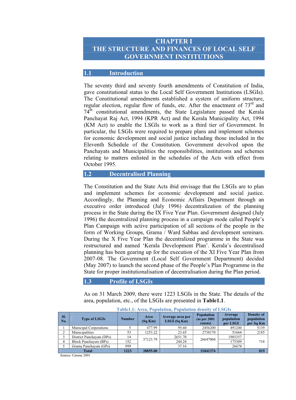 Chapter I the Structure and Finances of Local Self Government Institutions