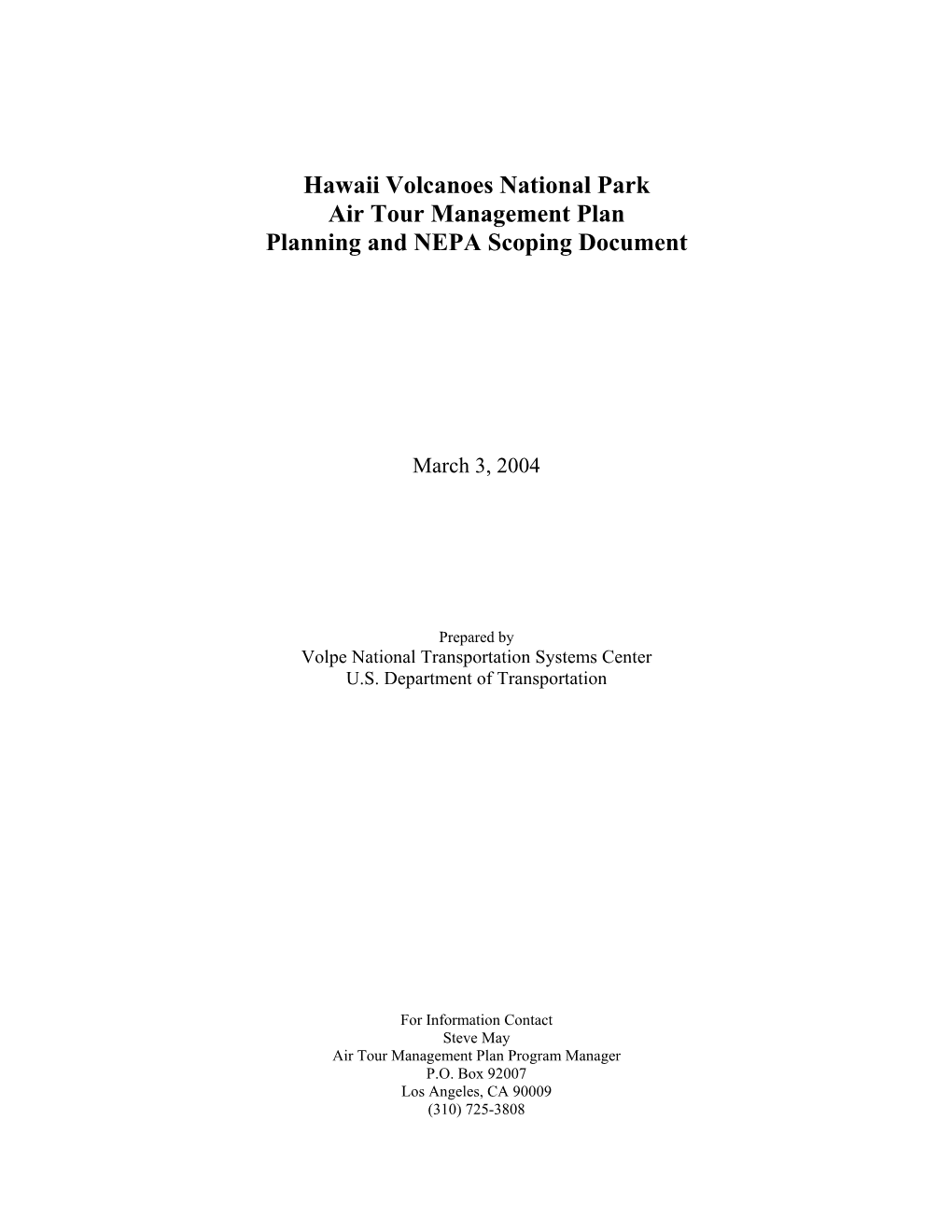 Hawaii Volcanoes National Park Air Tour Management Plan Planning and NEPA Scoping Document