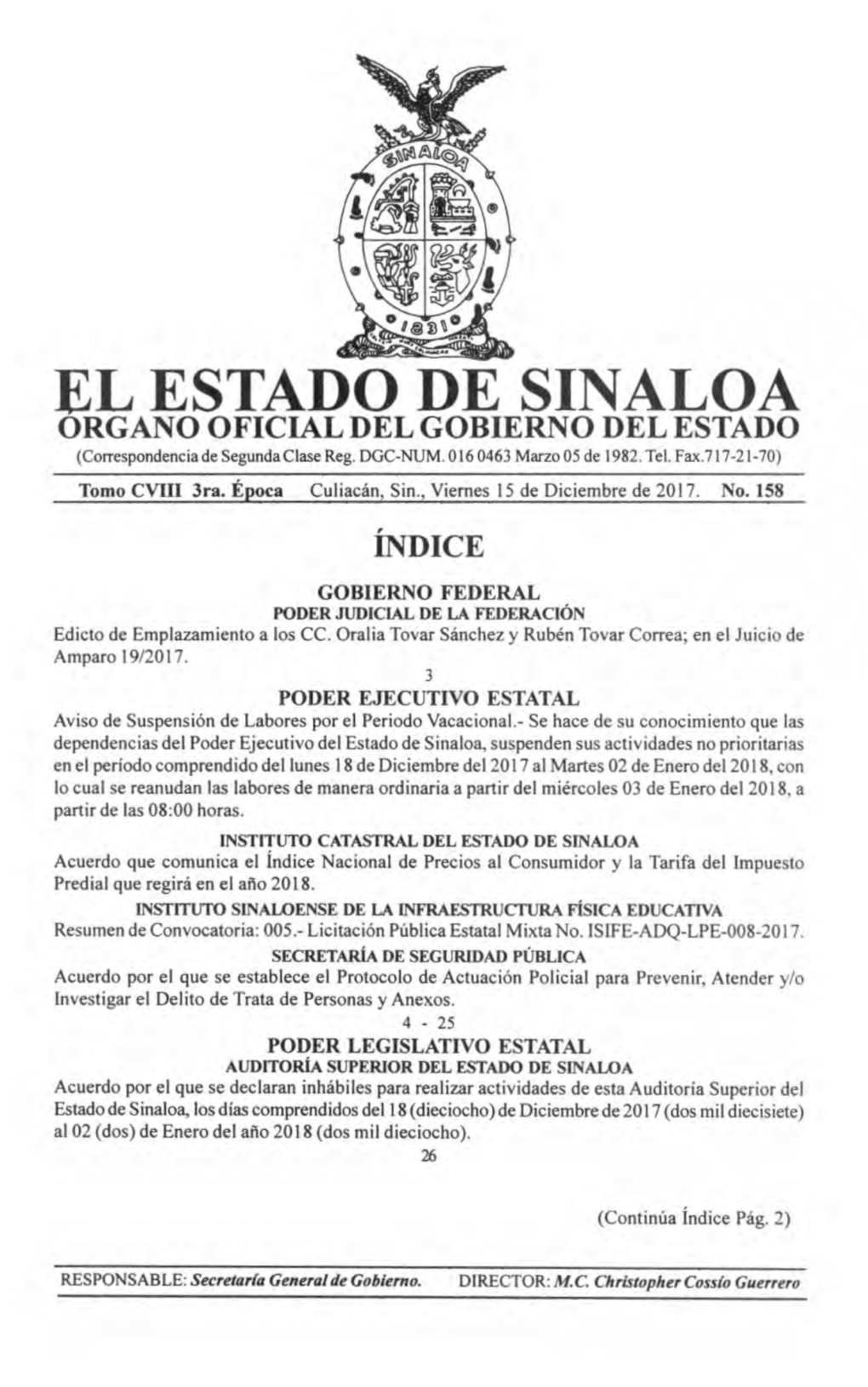 EL ESTADO DE SINALOA ORGANO OFICIAL DEL GOBIERNO DEL ESTADO (Correspondencia De Segunda Clase Reg