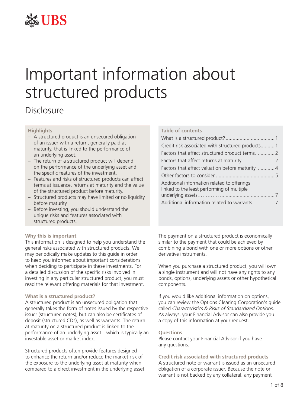 Important Information About Structured Products Disclosure