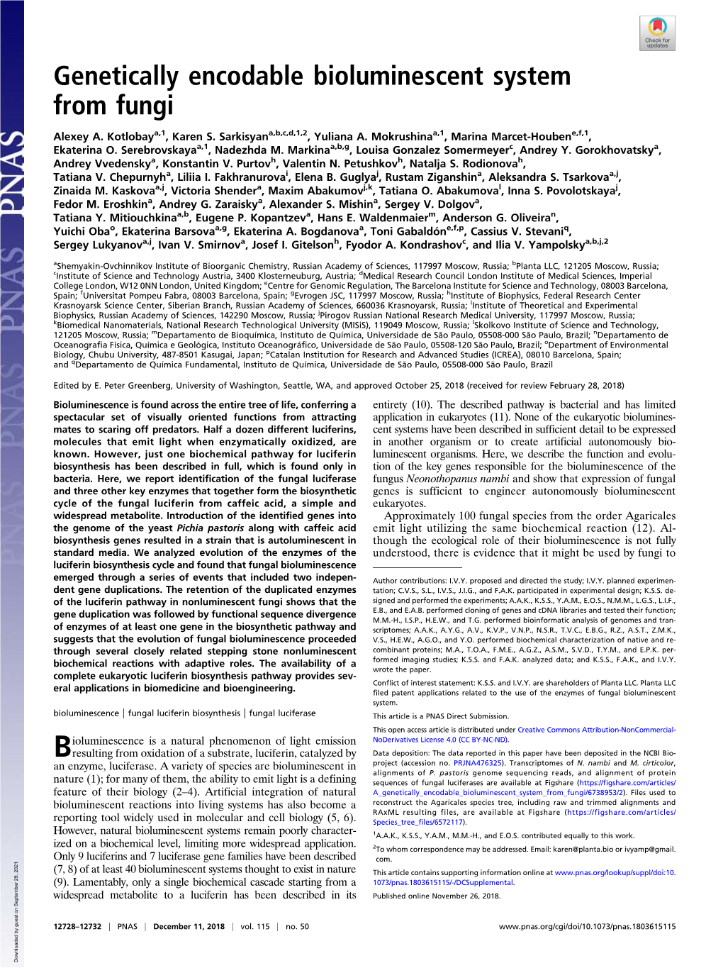 Genetically Encodable Bioluminescent System from Fungi