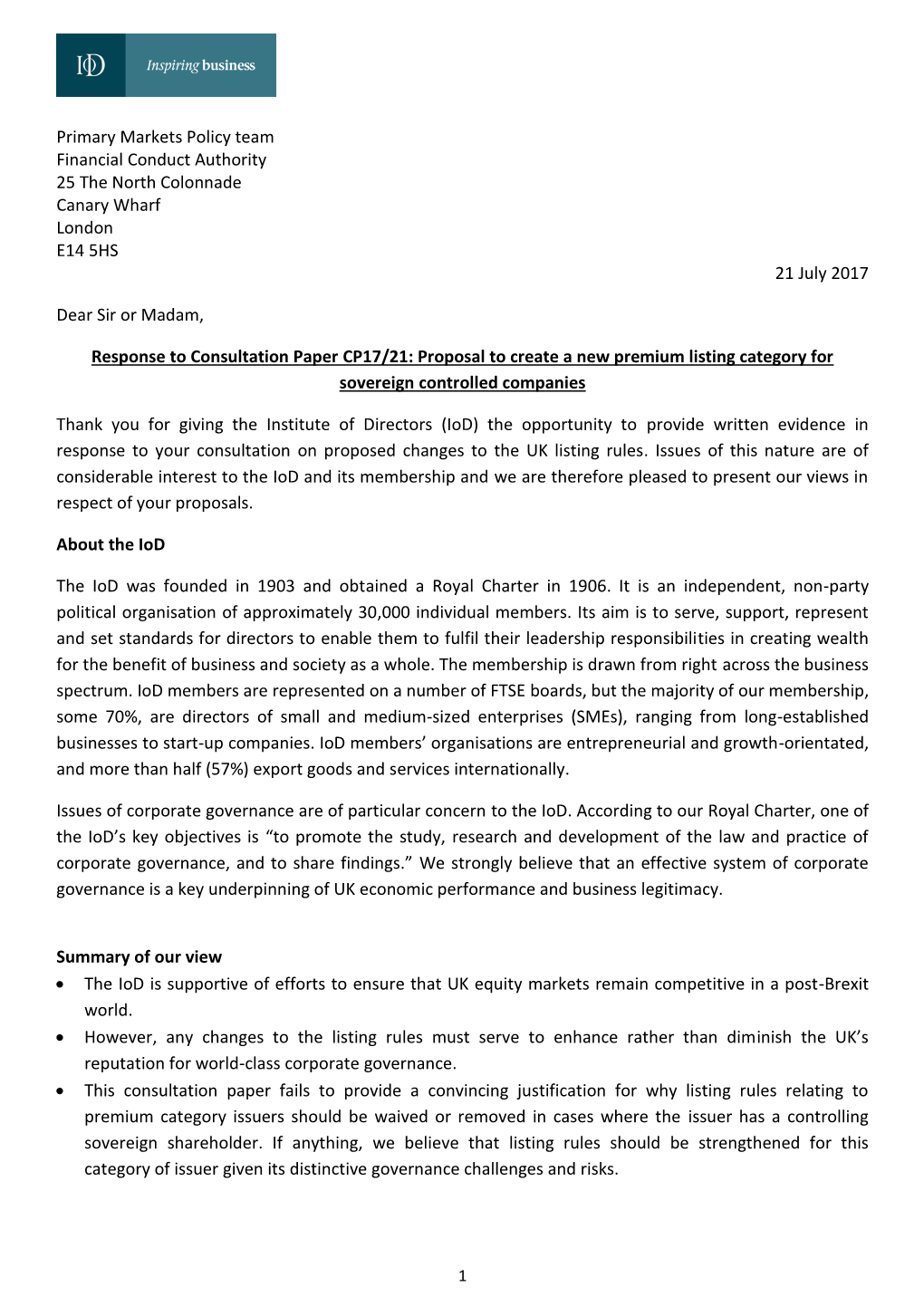 Primary Markets Policy Team Financial Conduct Authority 25 the North Colonnade Canary Wharf London E14 5HS 21 July 2017 De