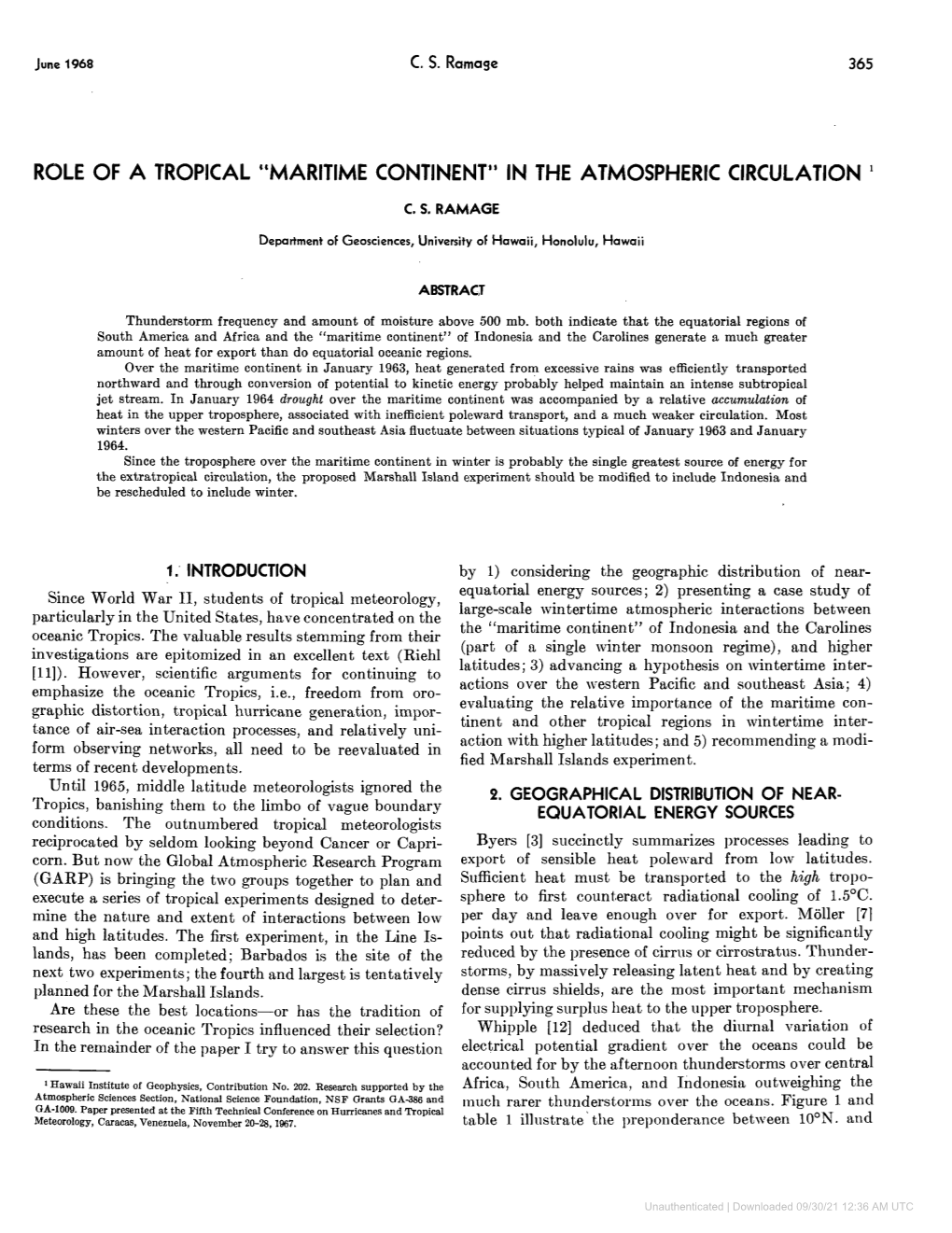 “Maritime Continent” in the Atmospheric Circulation