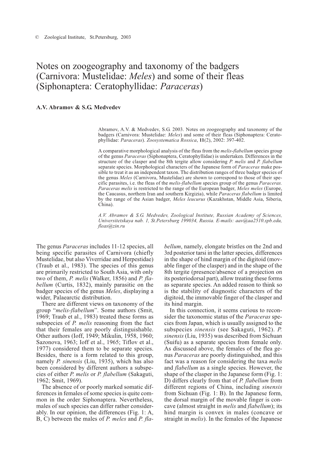 Notes on Zoogeography and Taxonomy of the Badgers (Carnivora: Mustelidae: Meles) and Some of Their Fleas (Siphonaptera: Ceratophyllidae: Paraceras)