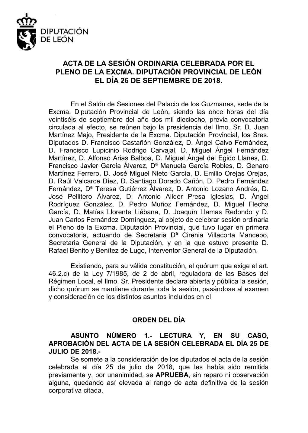 Excma. Diputación Provincial De León El Día 26 De Septiembre De 2018