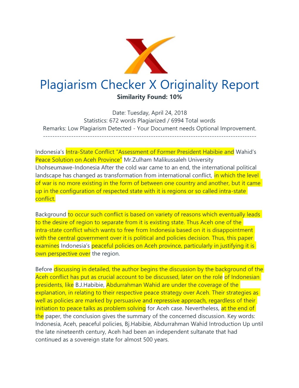 Plagiarism Checker X Originality Report Similarity Found: 10%