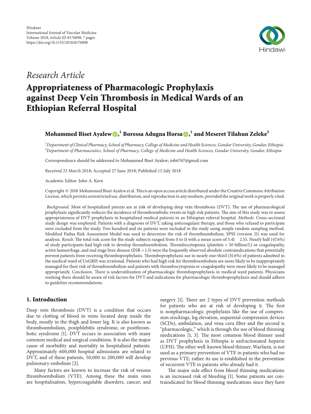 Research Article Appropriateness of Pharmacologic Prophylaxis Against Deep Vein Thrombosis in Medical Wards of an Ethiopian Referral Hospital