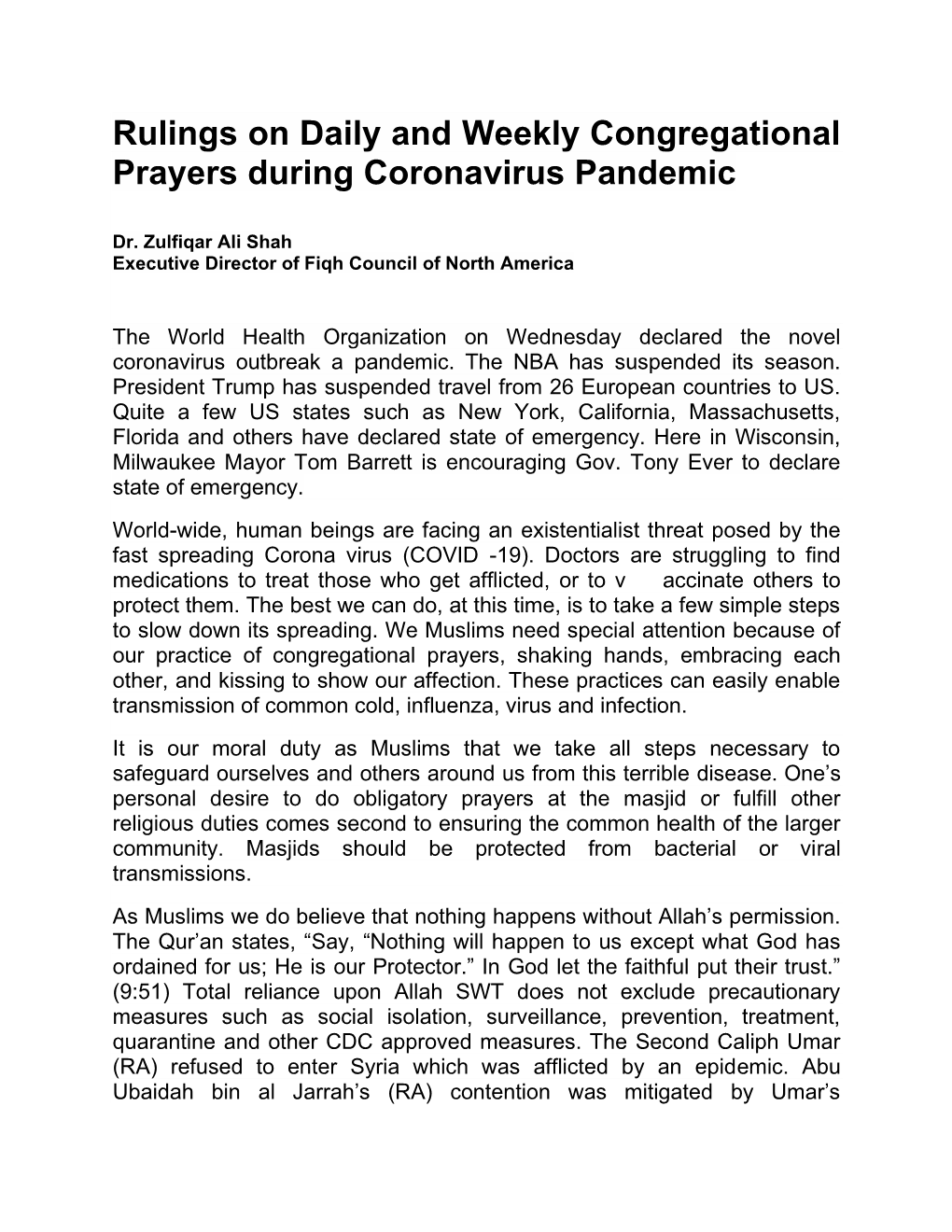 Rulings on Daily and Weekly Congregational Prayers During Coronavirus Pandemic