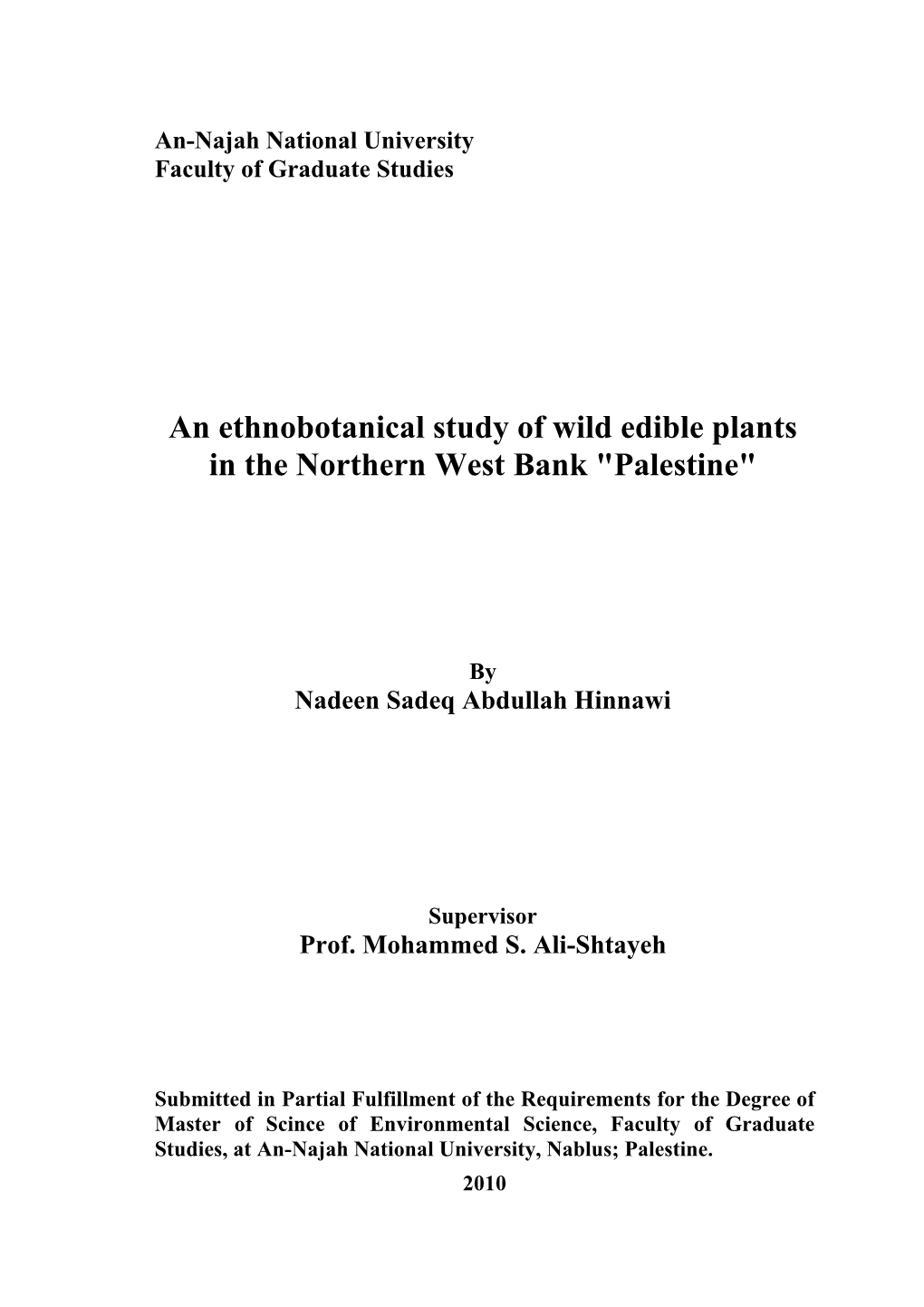 An Ethnobotanical Study of Wild Edible Plants in the Northern West Bank 