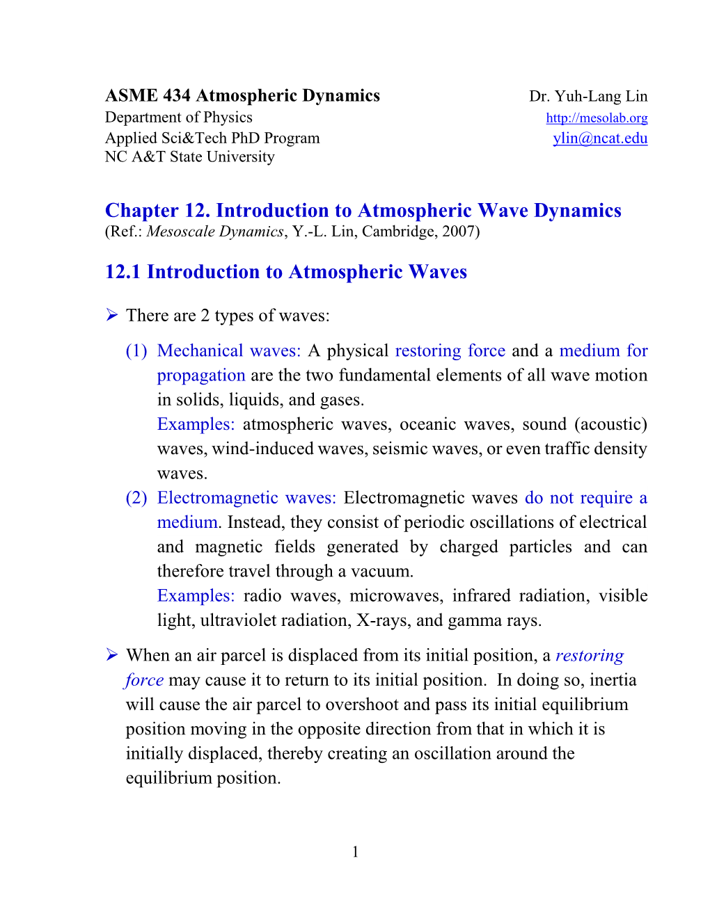 Introduction to Atmospheric Wave Dynamics (Ref.: Mesoscale Dynamics, Y.-L