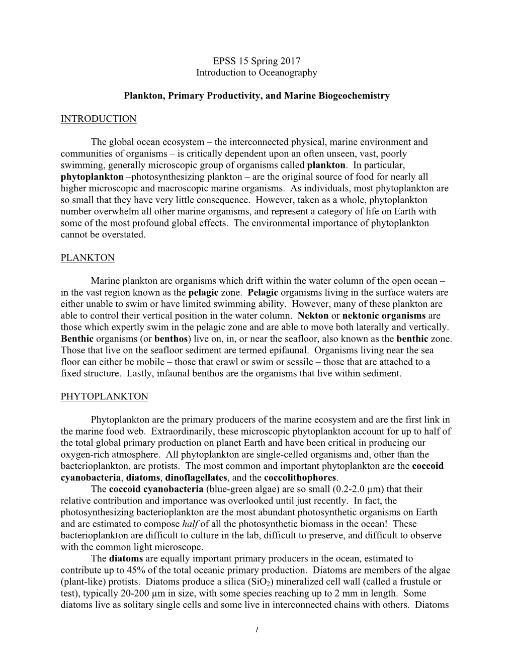 EPSS 15 Spring 2017 Introduction to Oceanography Plankton, Primary