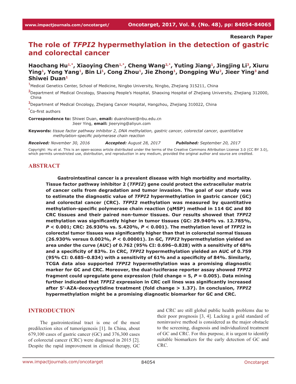 The Role of TFPI2 Hypermethylation in the Detection of Gastric and Colorectal Cancer