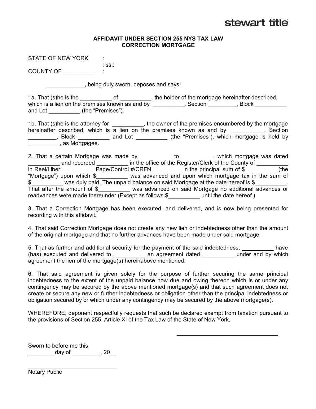 Affidavit Under Section 255 Nys Tax Law Correction Mortgage