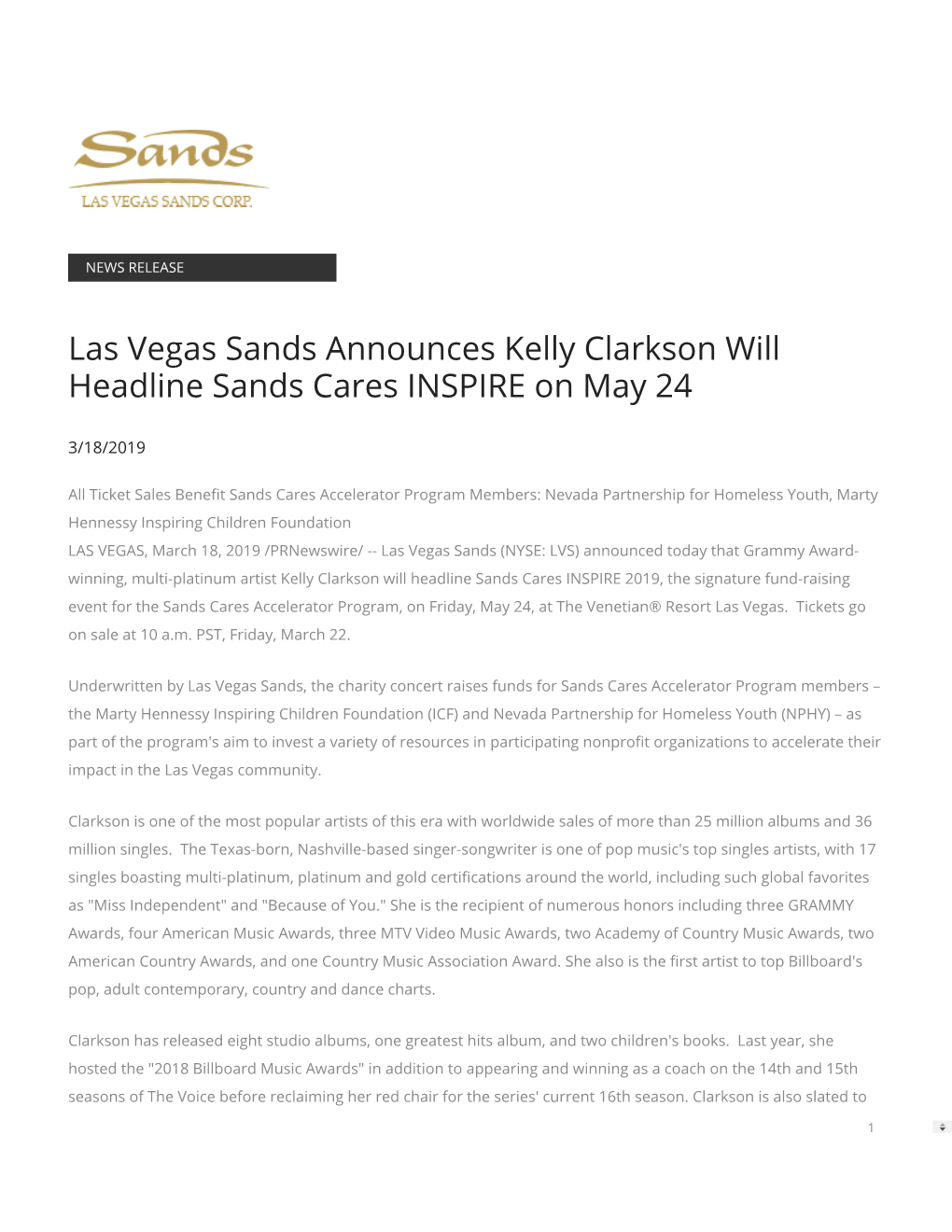 Las Vegas Sands Announces Kelly Clarkson Will Headline Sands Cares INSPIRE on May 24