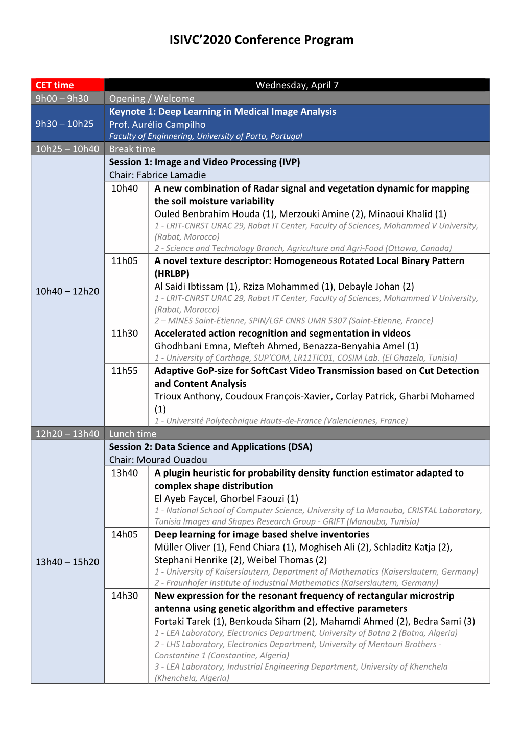 ISIVC'2020 Conference Program