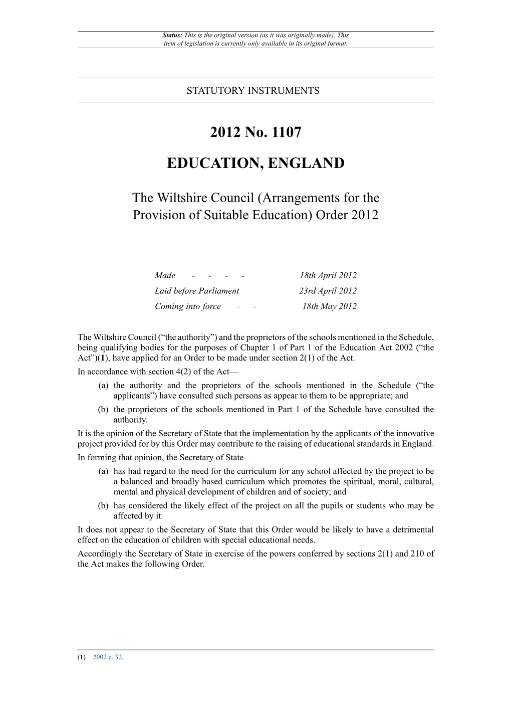 The Wiltshire Council (Arrangements for the Provision of Suitable Education) Order 2012