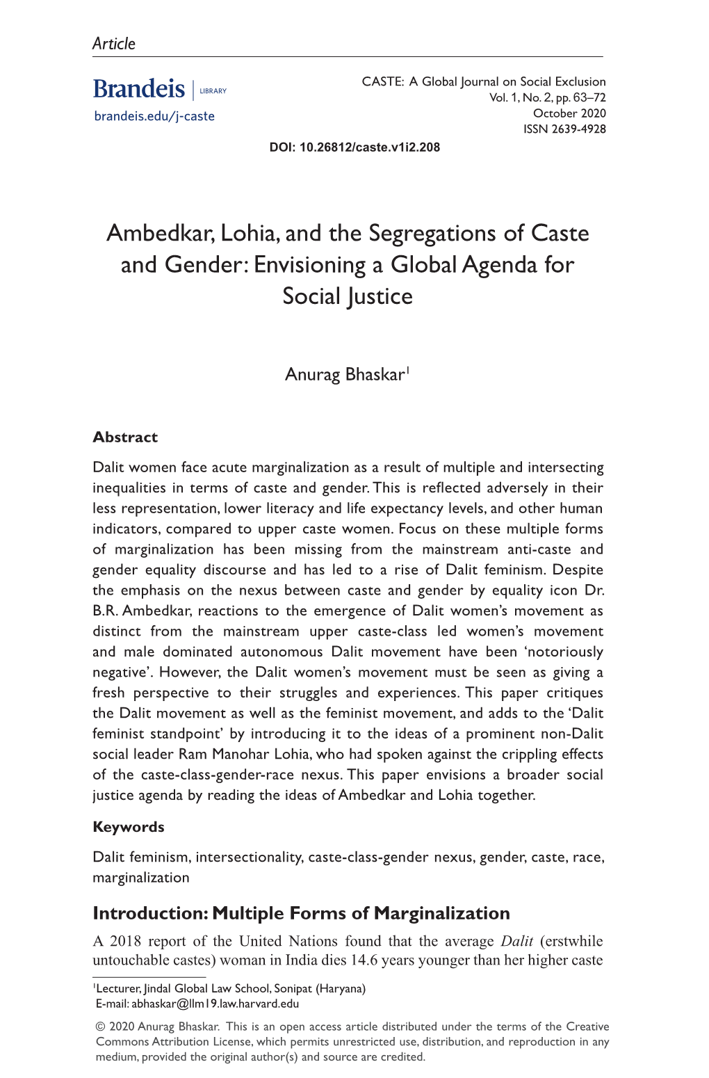 Ambedkar, Lohia, and the Segregations of Caste and Gender: Envisioning a Global Agenda for Social Justice