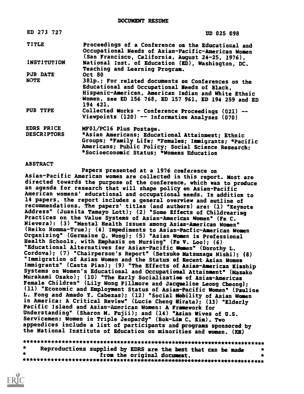 Proceedings of a Conference on the Educational and Occupational Needs of Asian-Pacific-American Women (San Francisco, California, August 24-25, 1976)