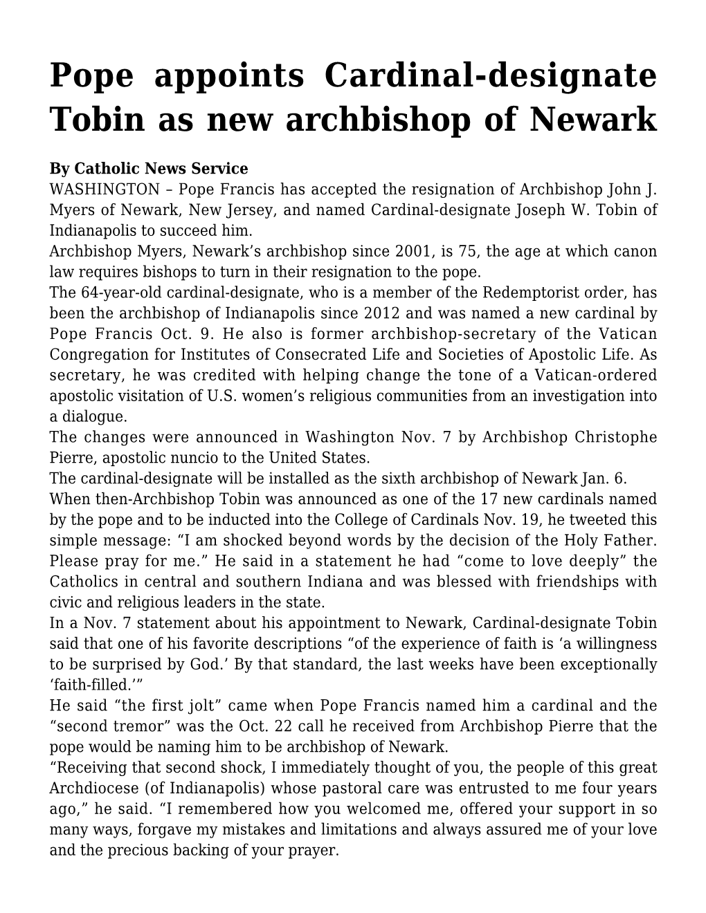 Pope Appoints Cardinal-Designate Tobin As New Archbishop of Newark