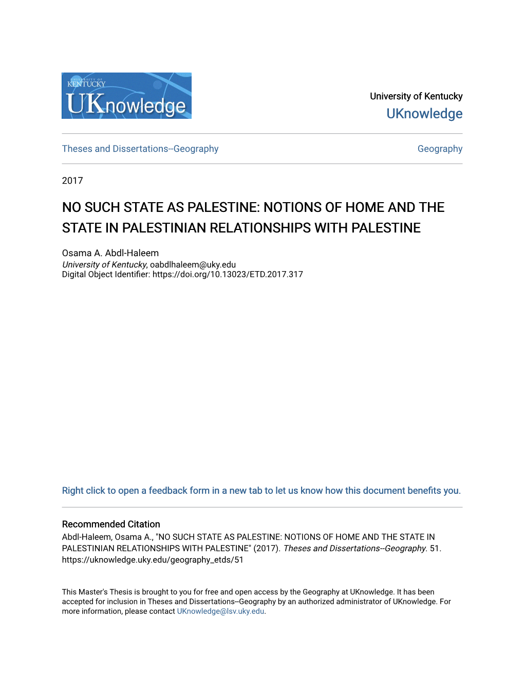 No Such State As Palestine: Notions of Home and the State in Palestinian Relationships with Palestine