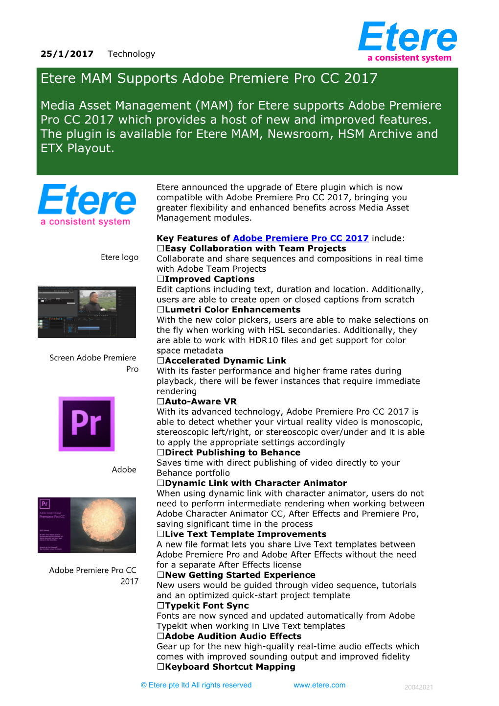 Etere MAM Supports Adobe Premiere Pro CC 2017