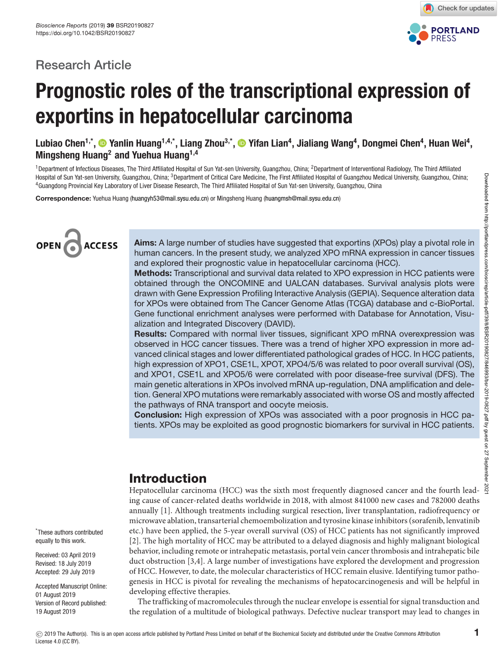 Prognostic Roles of the Transcriptional Expression of Exportins in Hepatocellular Carcinoma