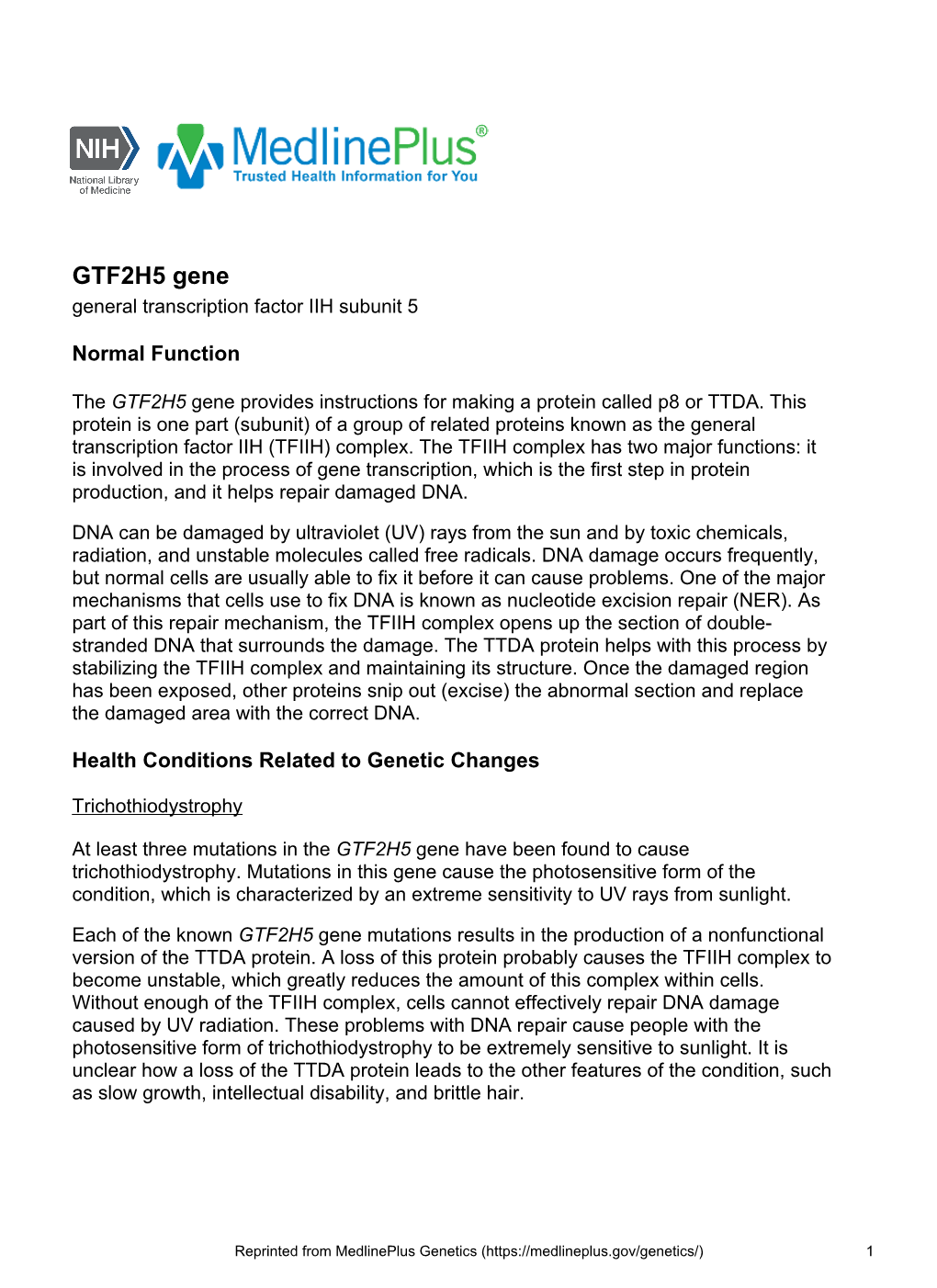 GTF2H5 Gene General Transcription Factor IIH Subunit 5