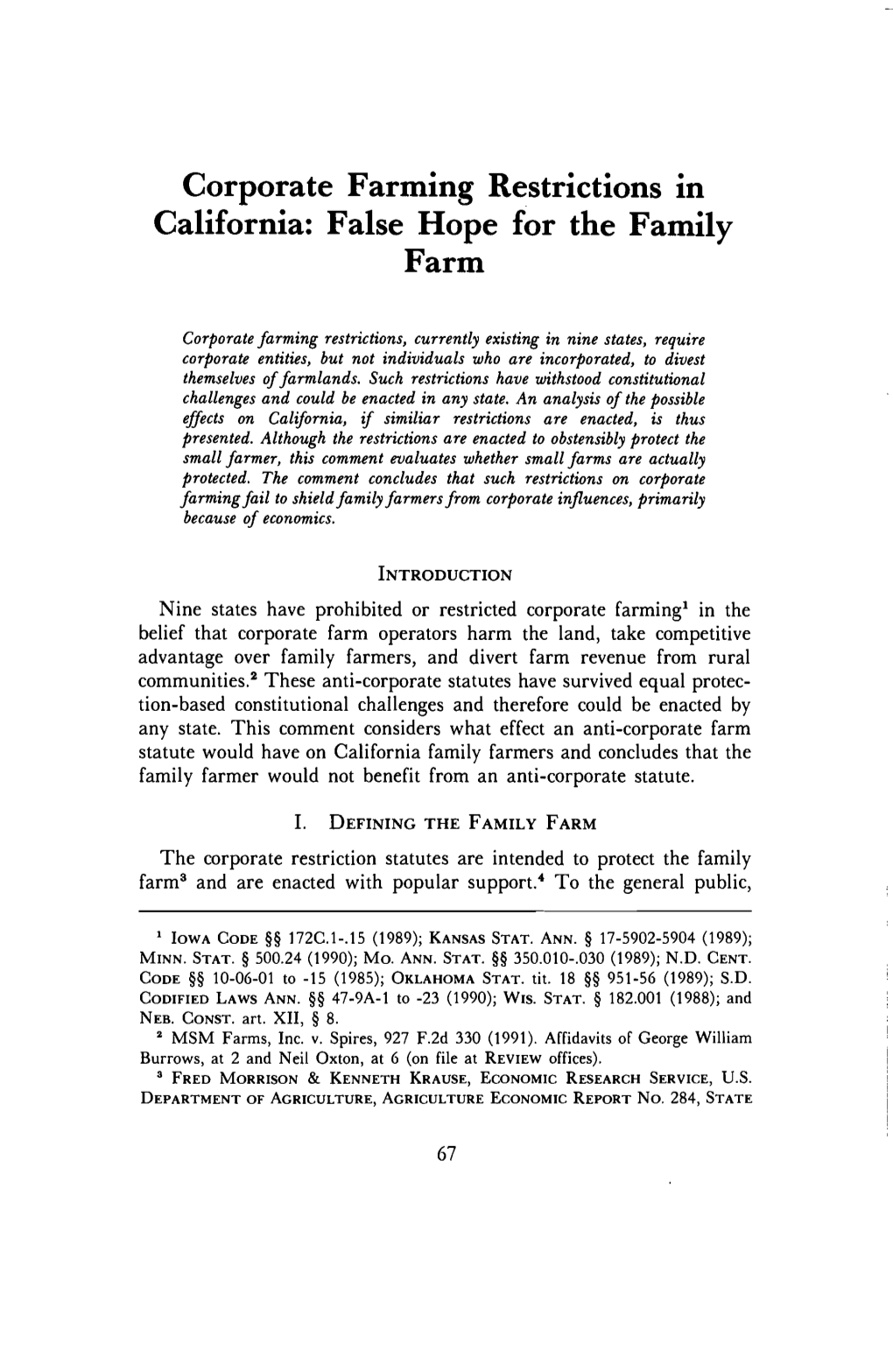 Corporate Farming Restrictions in California: False Hope for the Family Farm