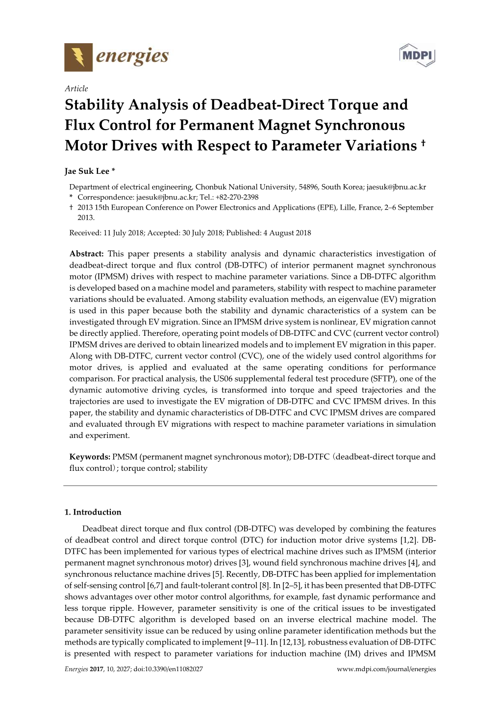Stability Analysis of Deadbeat-Direct Torque and Flux Control for Permanent Magnet Synchronous Motor Drives with Respect to Parameter Variations †