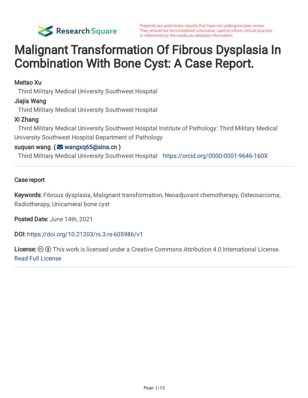 Malignant Transformation of Fibrous Dysplasia in Combination with Bone Cyst: a Case Report