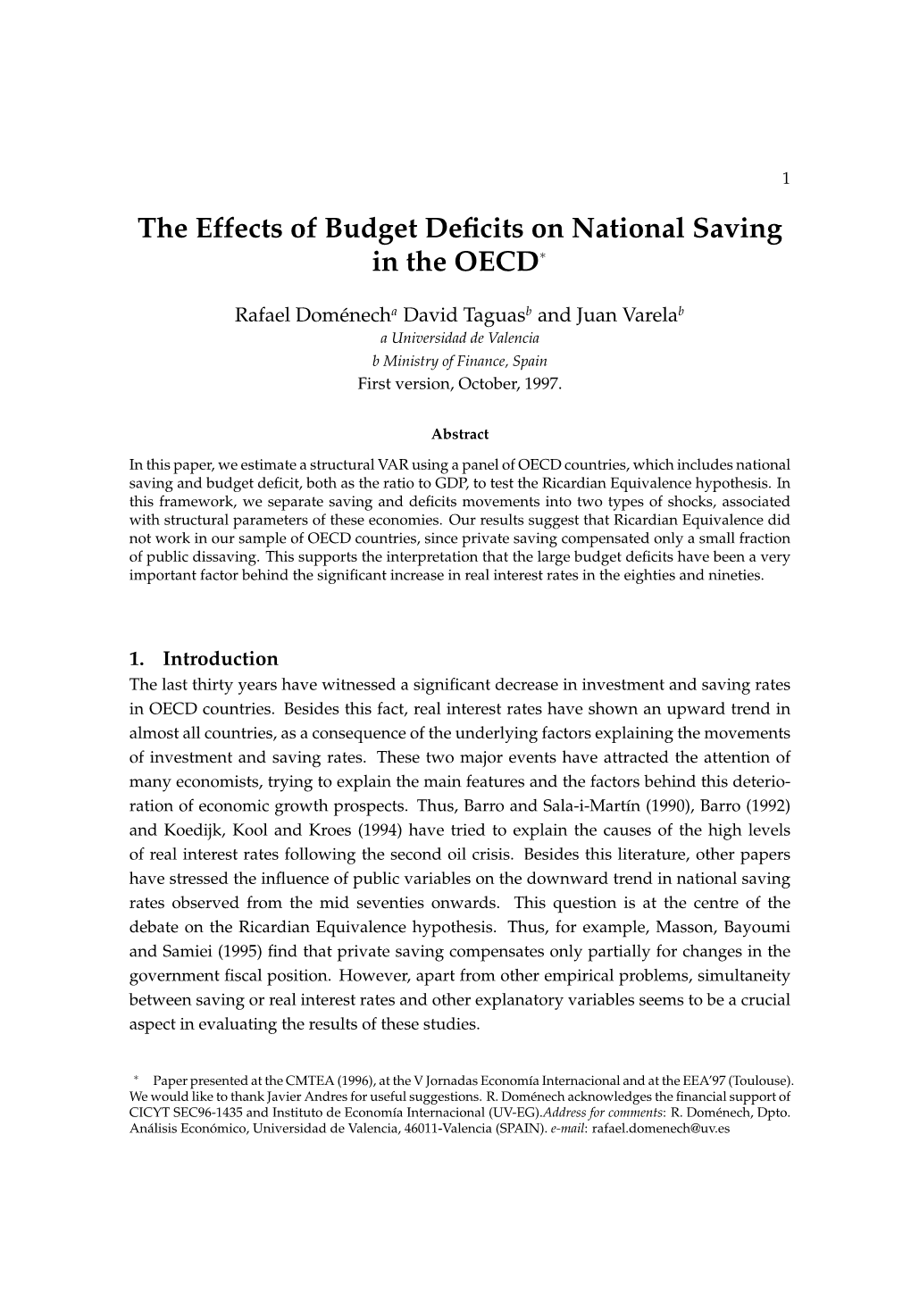 The Effects of Budget Deficits on National Saving in the OECD∗