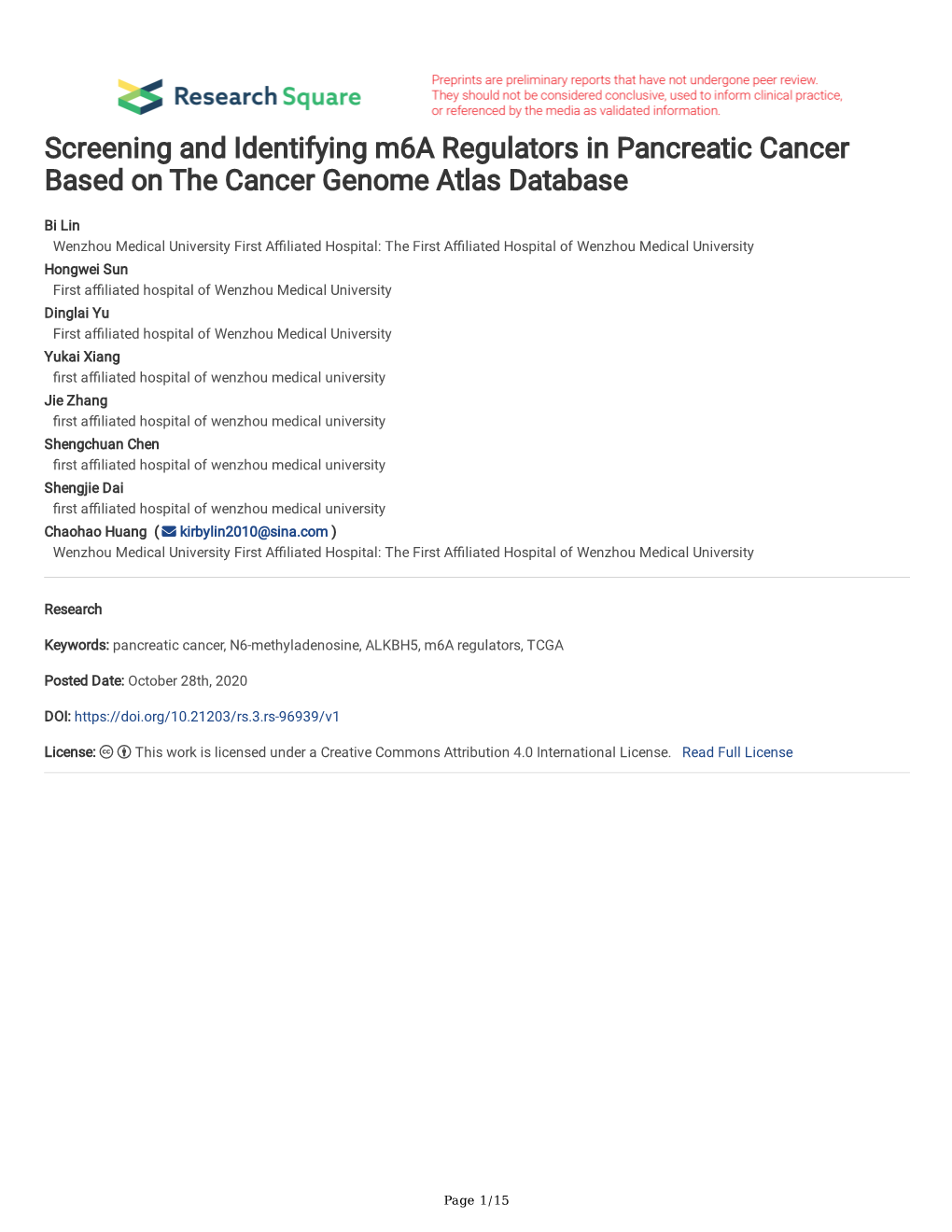 Screening and Identifying M6a Regulators in Pancreatic Cancer Based on the Cancer Genome Atlas Database