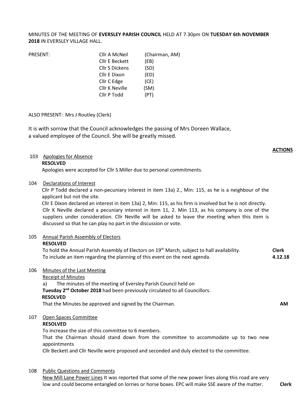 Minutes of the Meeting of the Eversley Parish